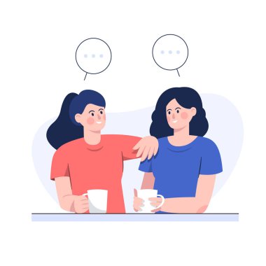 Two female friends talking while having coffee in flat design clipart