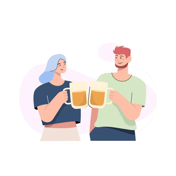 Dos Amigos Conociendo Bebiendo Cerveza Juntos Diseño Plano — Archivo Imágenes Vectoriales