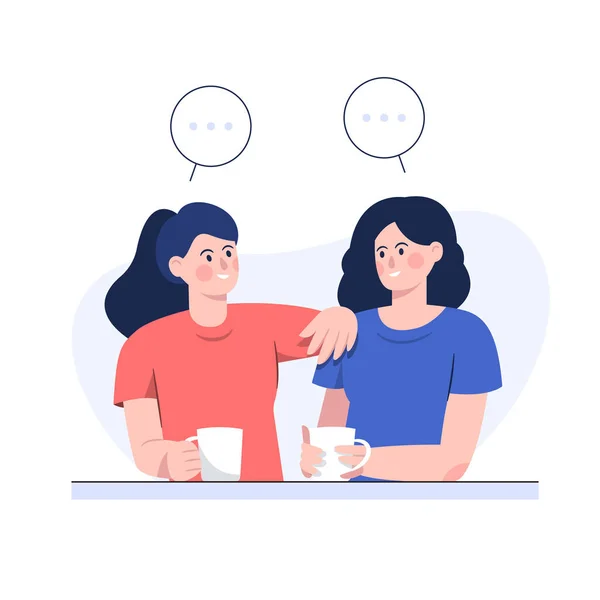 Duas Amigas Conversando Enquanto Tomavam Café Design Plano —  Vetores de Stock