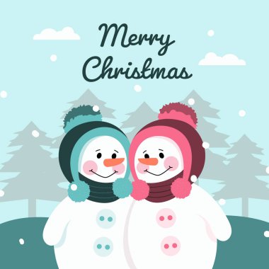 Mutlu Noeller. Düz dizaynlı sevimli çift kardan adam.