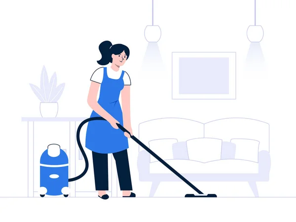 フラットデザインの掃除機で床を掃除する女性と掃除コンセプト — ストックベクタ