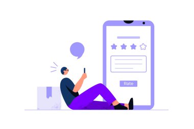 Hizmet derecelendirmek için cep telefonu kullanan genç adamla ilgili geribildirim kavramı