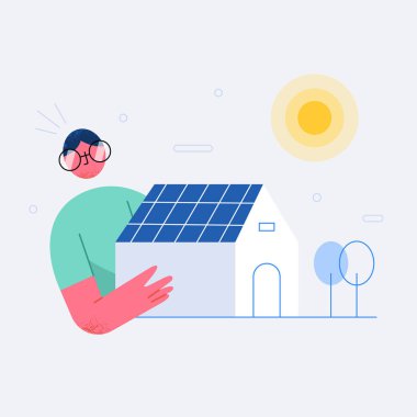 Genç adam düz dizaynlı bir eko evi tutuyor, güneş enerjisi konsepti çizimi