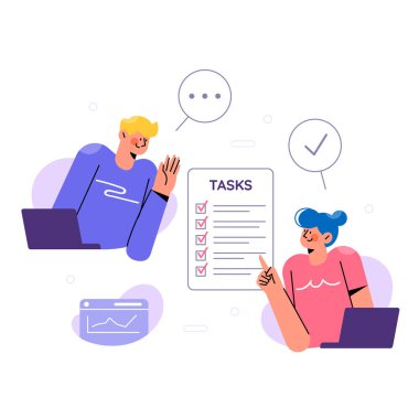 Düz tasarımda görev illüstrasyonu, iş iletişimi kavramını tartışan insanlar