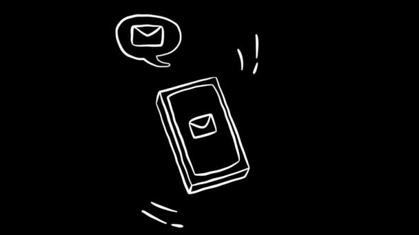 Анимационный Телефон Звонит Уведомлением Сообщении Нарисованные Руки Каракули Черном Фоне — стоковое видео