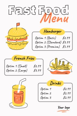 Dikey fast food menüsü şablonu elle çizilmiş gıda elementleri