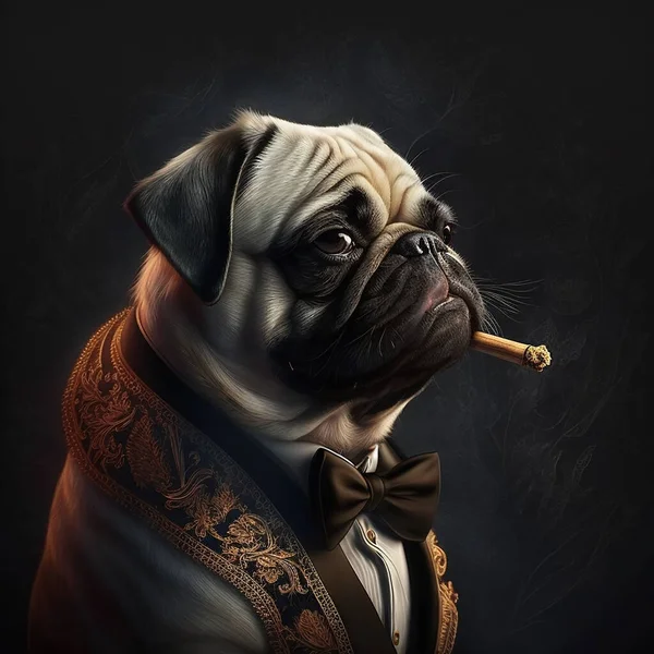 Retrato Cão Pug Adorável Terno Preto Com Arco — Fotografia de Stock