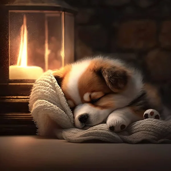 Собака Лежит Кровати Одеялом — стоковое фото