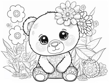 Sevimli küçük ayı ve çiçeklerle boyama kitabı