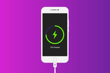 Smart phone charging isolated on white background. Top view charging progress lighting on screen smart phone.