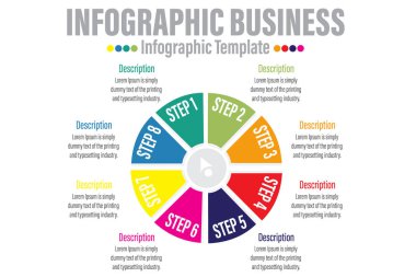 8 Adım Modern Çember Zaman Çizgisi diyagramı, planlama yılı iş akışı ve daireleri, sunum vektörü bilgisi. İş için bilgi şablonu.