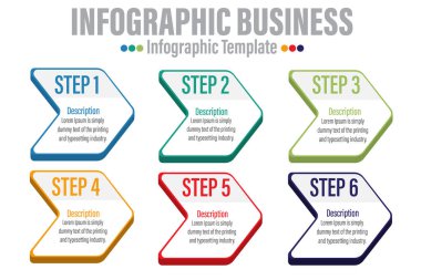 6 Basamaklı Modern Zaman Çizgisi diyagramı ve okların sunum vektörü bilgisi. İş için bilgi şablonu. 