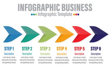 6 Adım cevheri 6 seçenek iş verisi görselleştirmesi. İşlem çizelgesi. Grafiğin soyut ögeleri, adımlarla, seçeneklerle, parçalarla veya süreçlerle diyagram. Sunum için vektör iş şablonu.