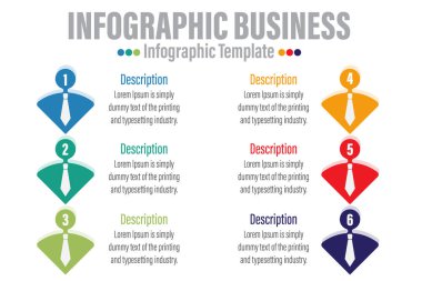 Tüm gün için bilgi grafikleri öğesi avatarları tasarımı, altı seçenek, adım veya süreçle iş konsepti için kullanılabilir.