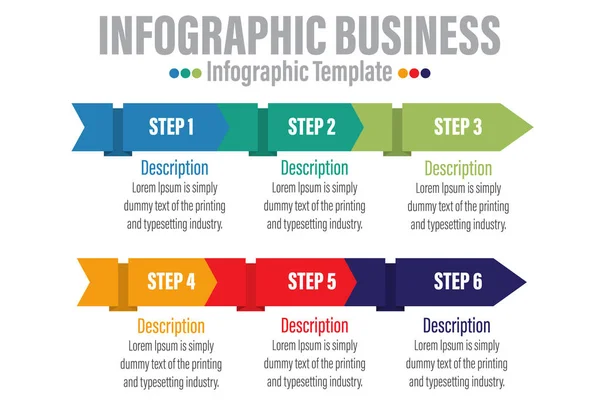 Arrow 6 Step ya da 6 seçenekli iş bilgisi görselleştirmesi. Grafiğin soyut ögeleri, adımlarla, seçeneklerle, parçalarla veya süreçlerle diyagram. sunum için iş şablonu