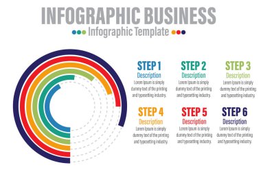 Halka Çizelgesi Infographic 6 Basamaklı Modern Zaman Çizgisi diyagramı. İlerleme çemberiyle. İş için bilgi şablonu.