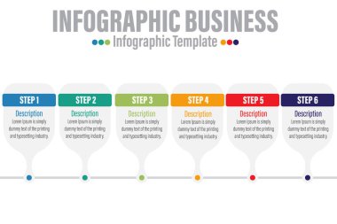 Bilgi şablonu. 6 adım zaman çizgisi yolculuğu, düz bilgi grafikleri tasarım şablonu. Sunum grafiği Numaralar içeren iş konsepti Altı seçenek veya adım vektör illüstrasyonu.