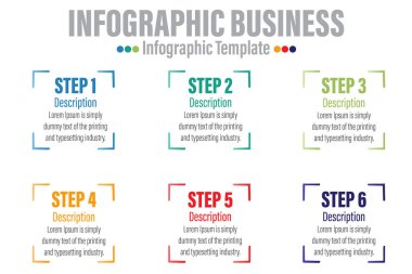 6 Adım Modern odak çizelgesi diyagramı ve iş akışı sunum vektörü bilgisi. İş için bilgi şablonu.