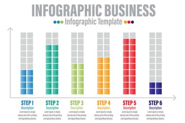 6 Basamaklı Bar İş Bilgileri. Bar grafiği bilgi şablonu. Soyut dijital iş bilgileri. İş akışı süreci, iş piramidi, pankart, diyagram, sayı seçenekleri, çalışma planı için kullanılabilir