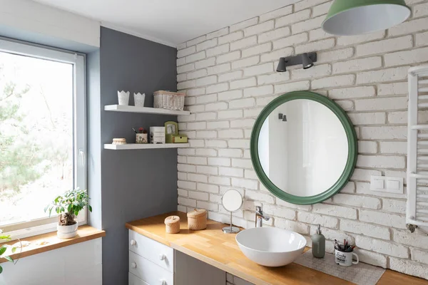 Bright Interior Bathroom Window Wooden Furniture Counter Mirror White Brick — Stock Photo, Image