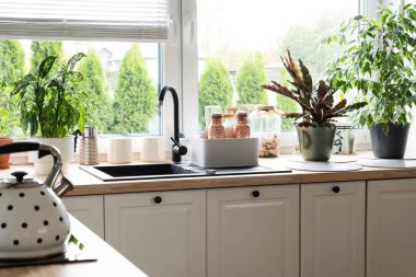 Modern mutfak penceresi ve ahşap tezgahı olan şık bir iç mekan. Lavabo musluğu ve ocakta su ısıtıcısı. Evdeki odada yeşil bitkiler ve çok az dekor var. Kimse..