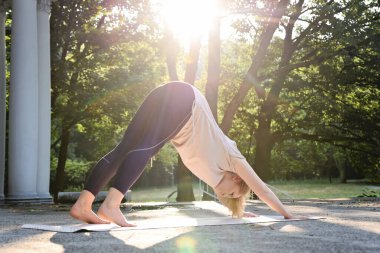 Genç sporcu kadın yoga yapıyor, aşağı doğru köpek egzersizi yapıyor, poz veriyor, spor kıyafetleri giyiyor, dışarıda parkta egzersiz yapıyor..