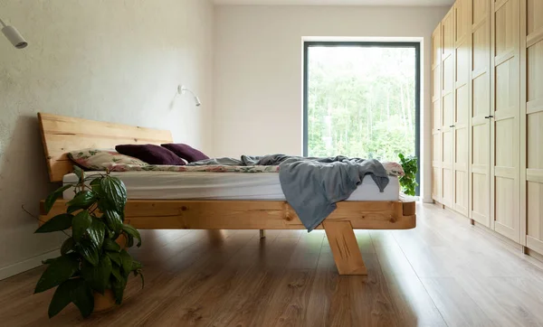 Acogedor Dormitorio Con Muebles Madera Cama Armario Suelo Madera Interior —  Fotos de Stock