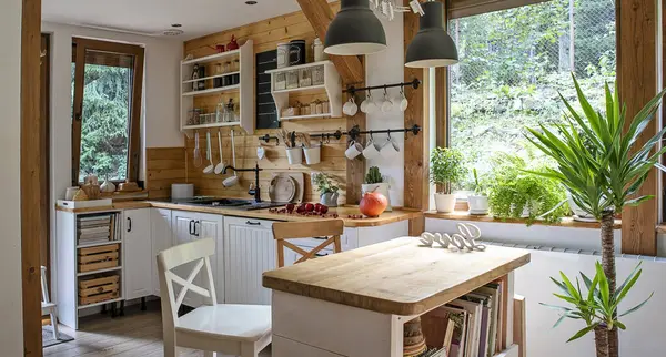 Interior of kitchen in vintage rustic style with wooden furniture in a cottage. Bright indoors in a cozy kitchen with window and plant. Banner.