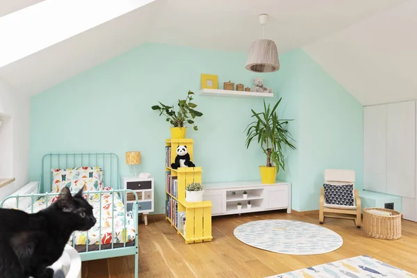 Room child in the attic in pastel color, carpet in modern design on the wooden floor, yellow furniture and cat. Cozy interior for kid with bed, bookcase and armchair.