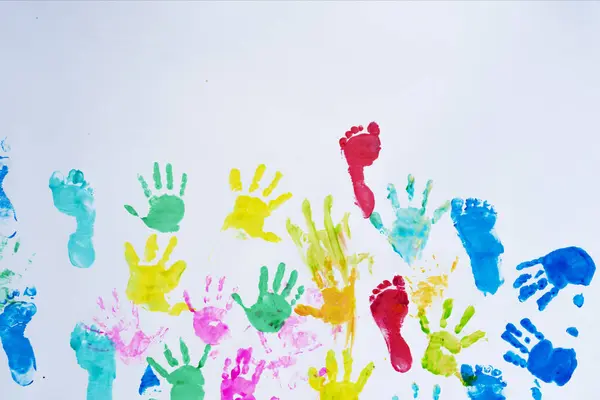 Colorful Handprint Footprint Child White Background Copy Space Imprint Children — Stock Photo, Image