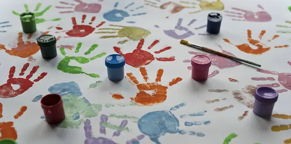 Hand Painted Background Colorful Handprint Little Child Creativity Fun Sensory — Stock Photo, Image