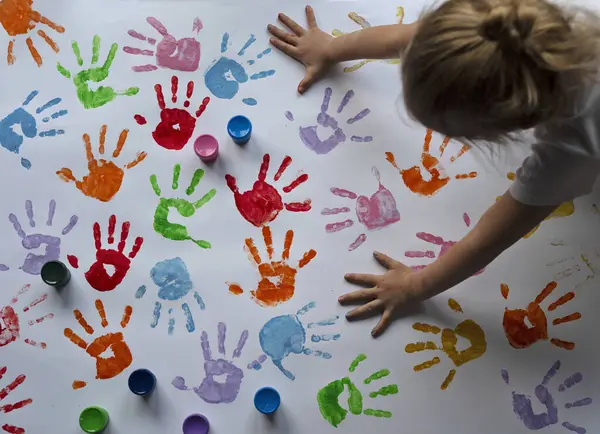 Child Painting Hands Imprints Colorful Handprint Creativity Craft Kindergarten Sensory — Stock Photo, Image