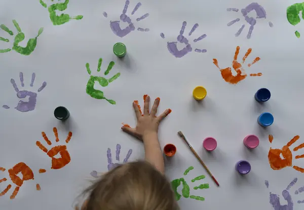 Child Painted Hands White Backgound Colorful Imprint Handprint Concept Fun — Stock Photo, Image