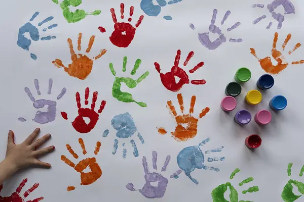 Colorful Hand Prints White Paper Paints Hand Little Child Background — Stock Photo, Image