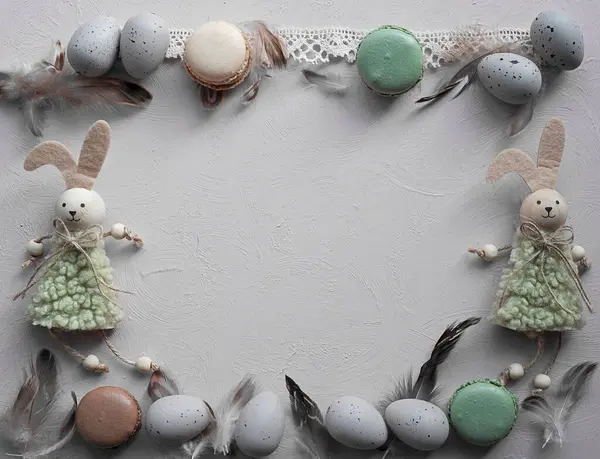 Tarjeta Pascua Con Decoración Huevo Pascua Conejito Pascua Macarrones Galletas —  Fotos de Stock