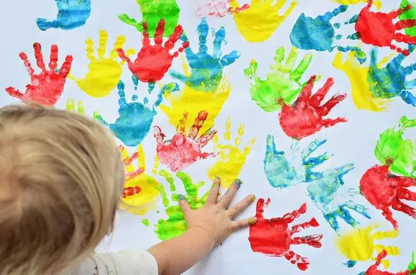 Little Girl Imprints Multicolor Hands White Background Play Creative Fun — Stock Photo, Image