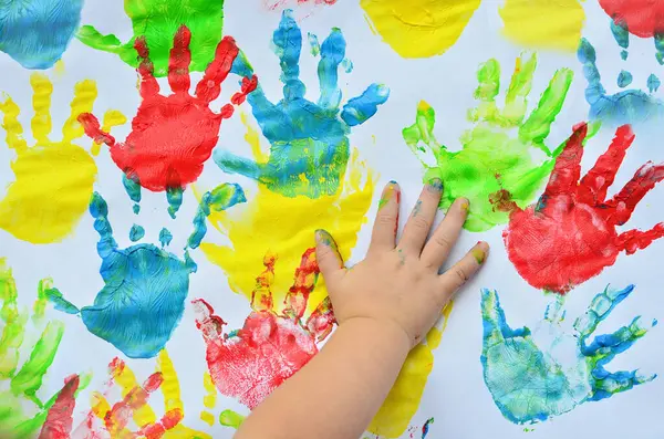 Multicolor Handprint Little Girl White Background Fun Child Creativity Artistic — Stock Photo, Image