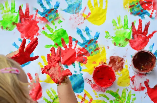 Painted Hands Little Girl Red Colour Play — Stock Photo, Image