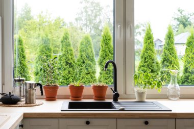 Büyük pencereli mutfak, beyaz mobilyalar, saksı bitkileri ve muslukla lavabo. İskandinav tasarımı ve minimalizmi. 