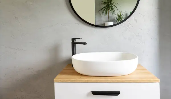 White Washbasin Faucet Wooden Countertop Minimalist Modern Bathroom Modern Interior — Stock Photo, Image