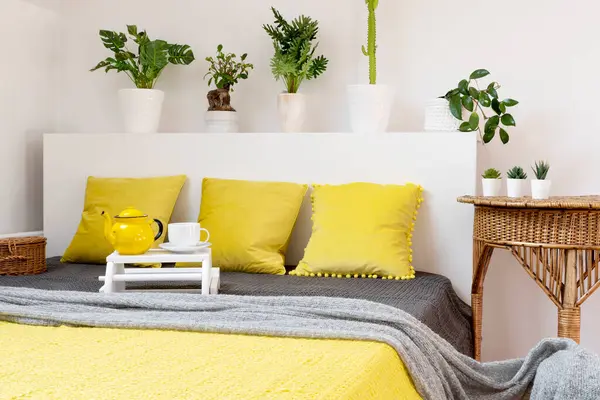 Comfortable Bed Bedroom Yellow Pillow Blanket Boho Decoration Cozy Interior — Stock Photo, Image