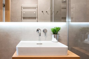Stylish bathroom with ceramic wash basin and faucet with wooden counter and mirror. Interior of washroom in elegant apartment.