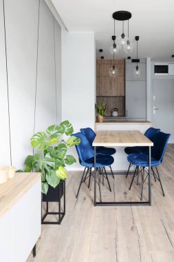 Ahşap modern masa, yemek odasında sandalyeler ve şık lambalı mutfak. Odanın içi. Dikey.