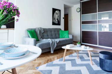 Modern oturma odasındaki yastıklı rahat gri kanepe İskandinav dizaynında rahat oturma odası.