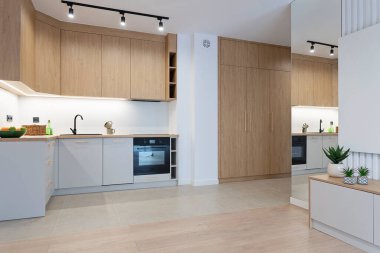 Modern beyaz mutfak, şık ahşap dolaplar, fırın ve musluk ile lavabo. Aletler tezgahın üzerinde. Ahşap döşemesi, aynası ve dolabı olan modern bir dairede parlak bir oda..