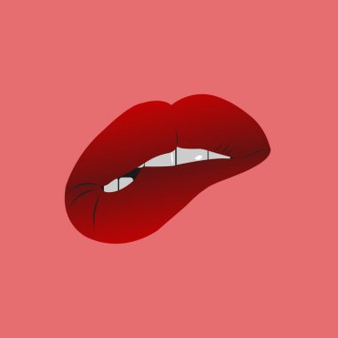 Baştan çıkarıcı kırmızı dudaklar. Kırmızı dudaklı öpücük. Pembe arka plan, ısırılmış alt dudak. Vektör, parlak, sulu renkler 