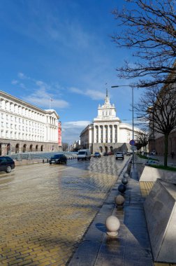 Sofya, Bulgaristan. Bahar yağmurundan sonra Todor Alexandrov Bulvarı. Ulusal Meclis Binası 'na bak.