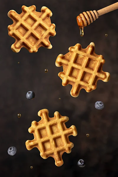 Macro Food Photography Waffle Levitation Blueberry Fork Honey Dipper Breakfast — Stock Photo, Image