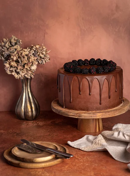 Food photography of chocolate cake, blackberries, cream, birthday, decoration, celebration, anniversary, party, dessert