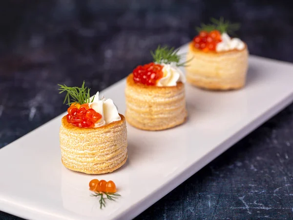 Photographie Culinaire Entrée Avec Caviar Crème Aneth Collation Fruits Mer — Photo